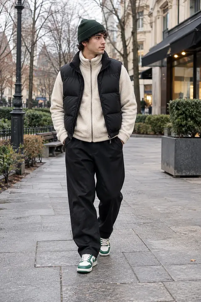 CSSBuy outfit idea with fleece jacket puffer vest track pants green sneakers and beanie