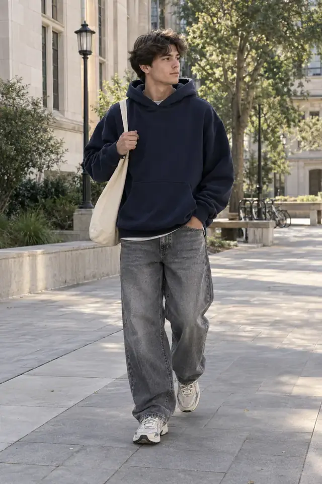 CSSBuy outfit idea with oversized hoodie grey denim runner shoes and tote bag