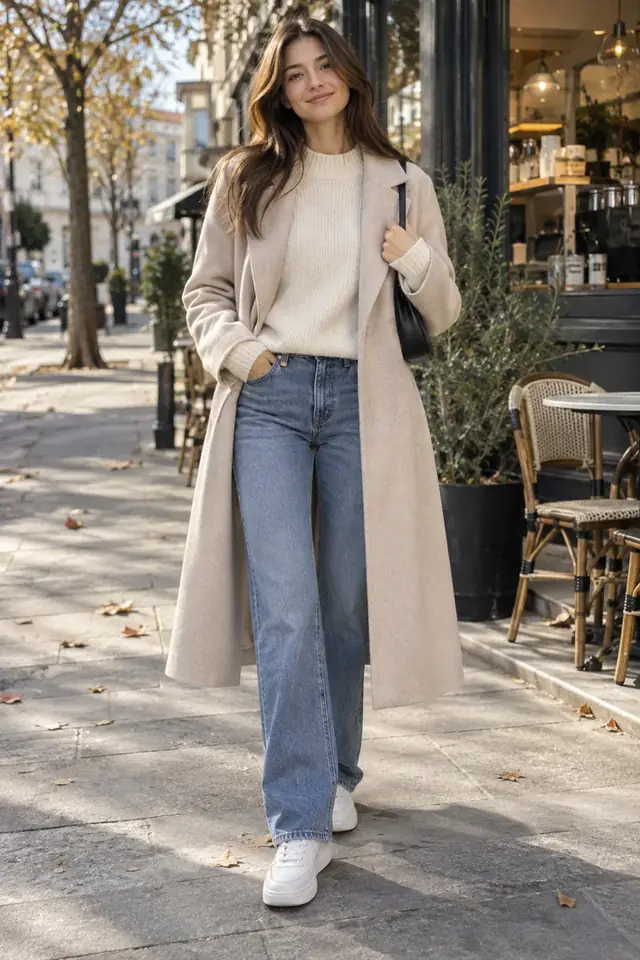 CSSBuy outfit idea with knit sweater denim coat shoulder bag and white sneakers
