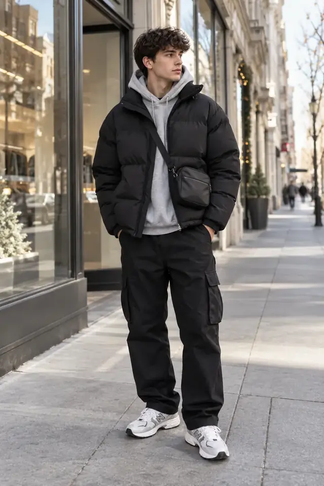 CSSBuy outfit idea with black puffer jacket grey hoodie cargo pants and sneakers