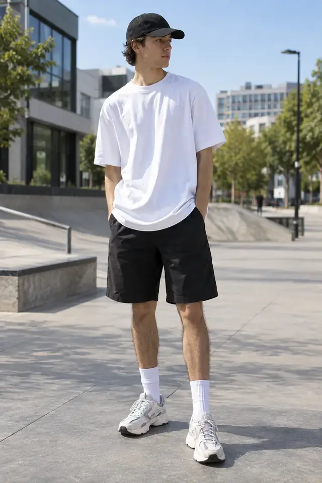 CSSBuy summer outfit idea with plain oversized T-shirt black shorts cap and chunky sneakers
